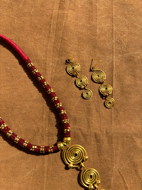 Red 3 Drop Dhokra Necklace